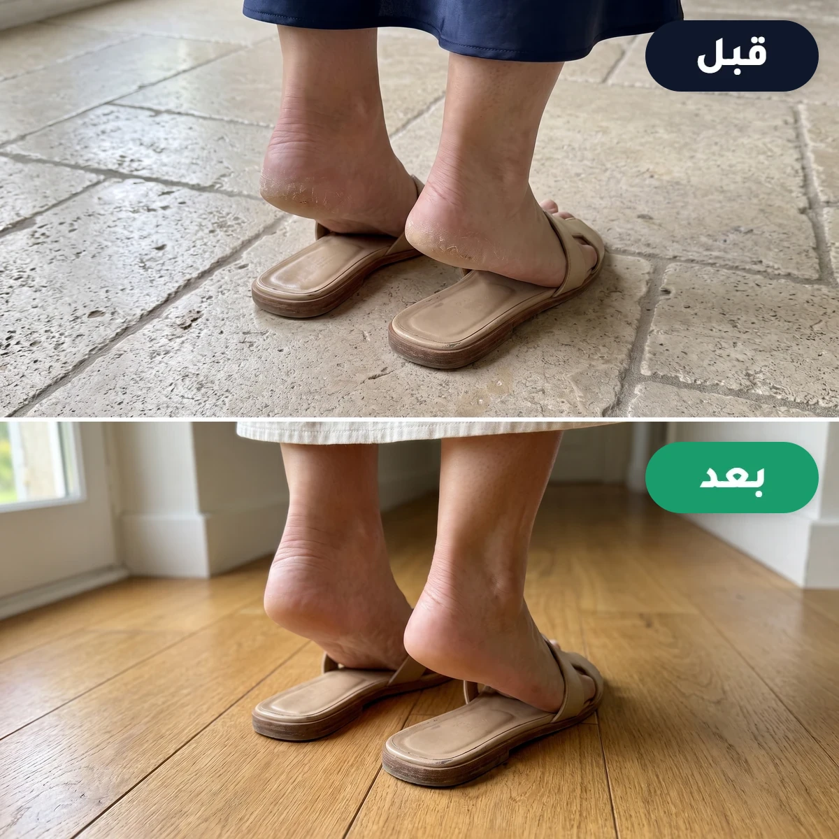 قبل وبعد خطوة: كعب جاف وخشن قبل الاستخدام، وكعب ناعم بعد جلسة وحدة